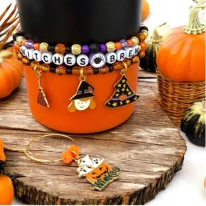 Halloween-themed bracelets and charm on display.