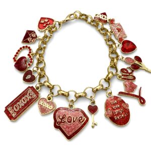 Gold charm bracelet with various love-themed red charms.